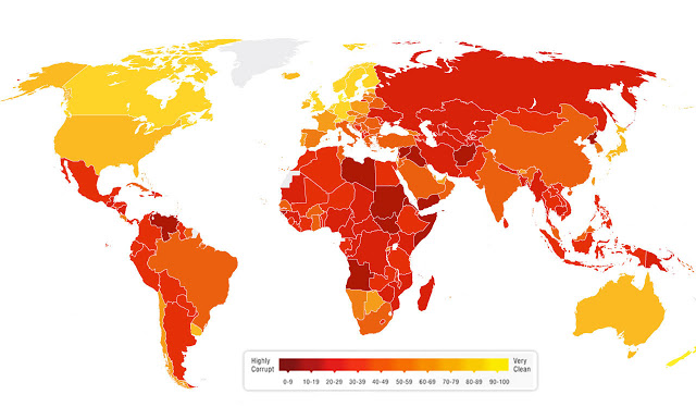 Карта мира с обозначенным ИВК (индексом восприятия коррупции)