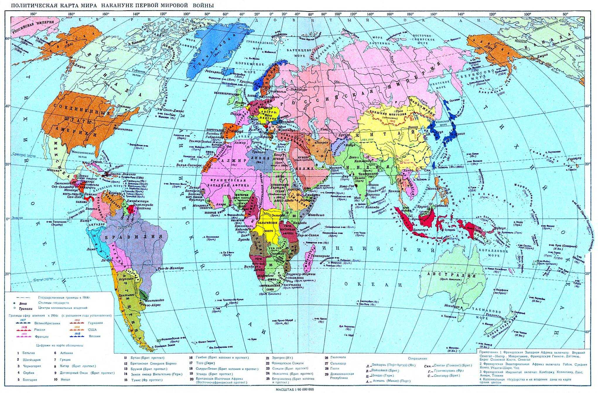 Политическая карта мира накануне накануне Первой мировой войны (1914 год)